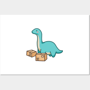 Cute dino long neck with package, dinosaur Posters and Art